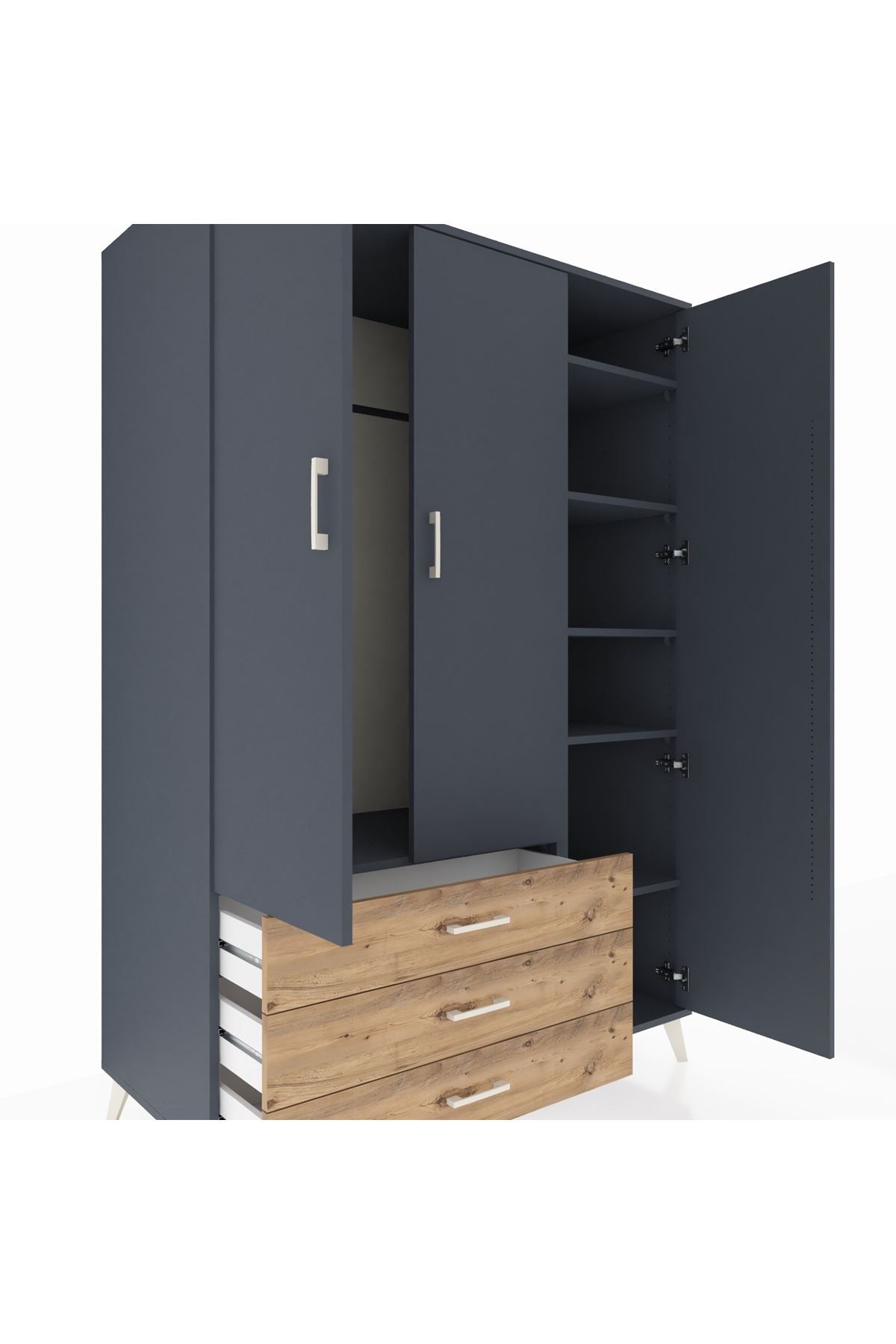 Kronos Dolap 6 Raflı 3 Çekmeceli Tek Askılı 132x59x195 Antrasit-Antrasit/Çam