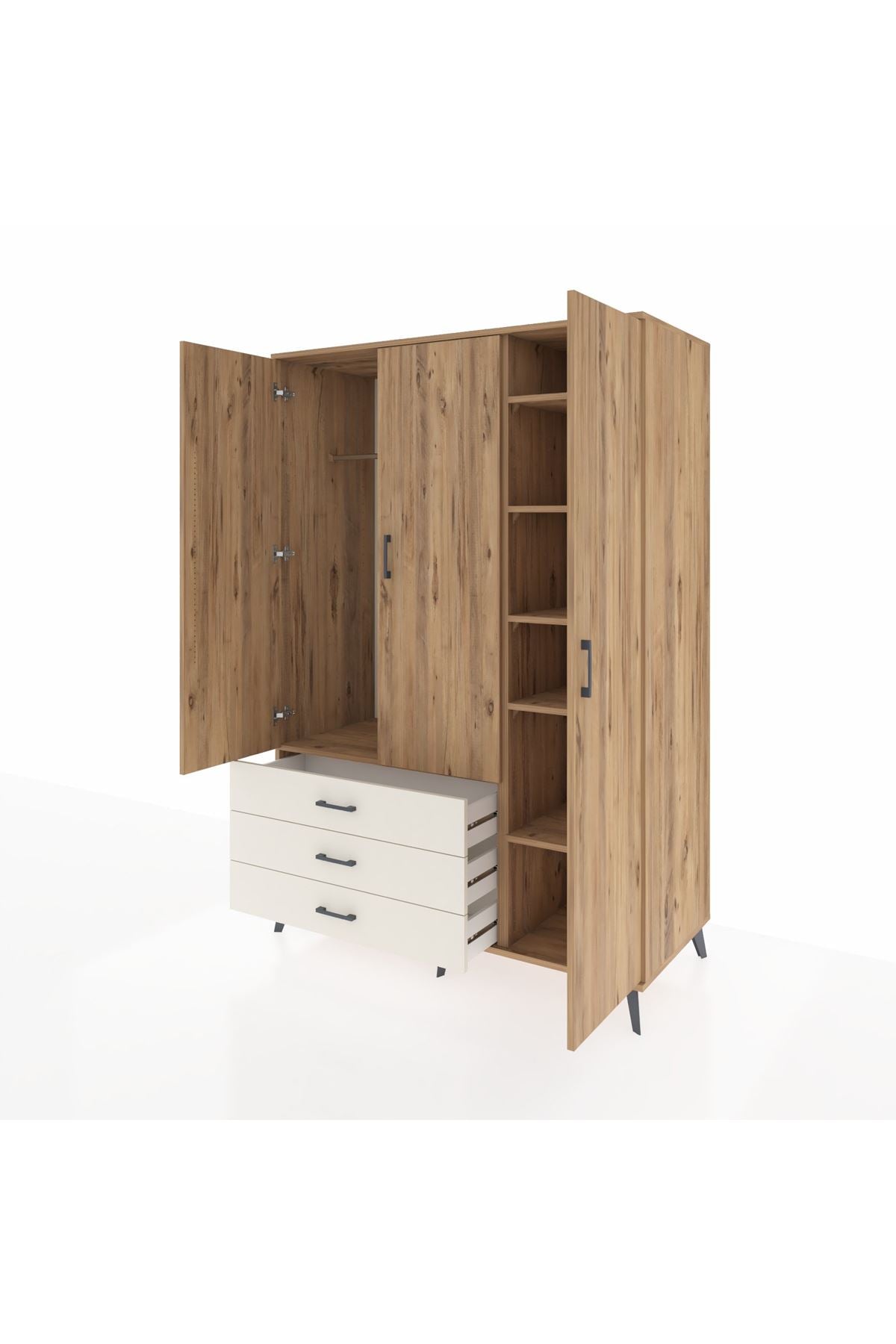 Kronos Dolap 6 Raflı 3 Çekmeceli Tek Askılı 132x59x195 Çam-Çam/Aytaşı