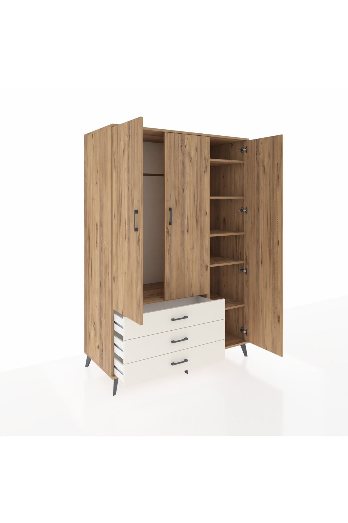 Kronos Dolap 6 Raflı 3 Çekmeceli Tek Askılı 132x59x195 Çam-Çam/Aytaşı