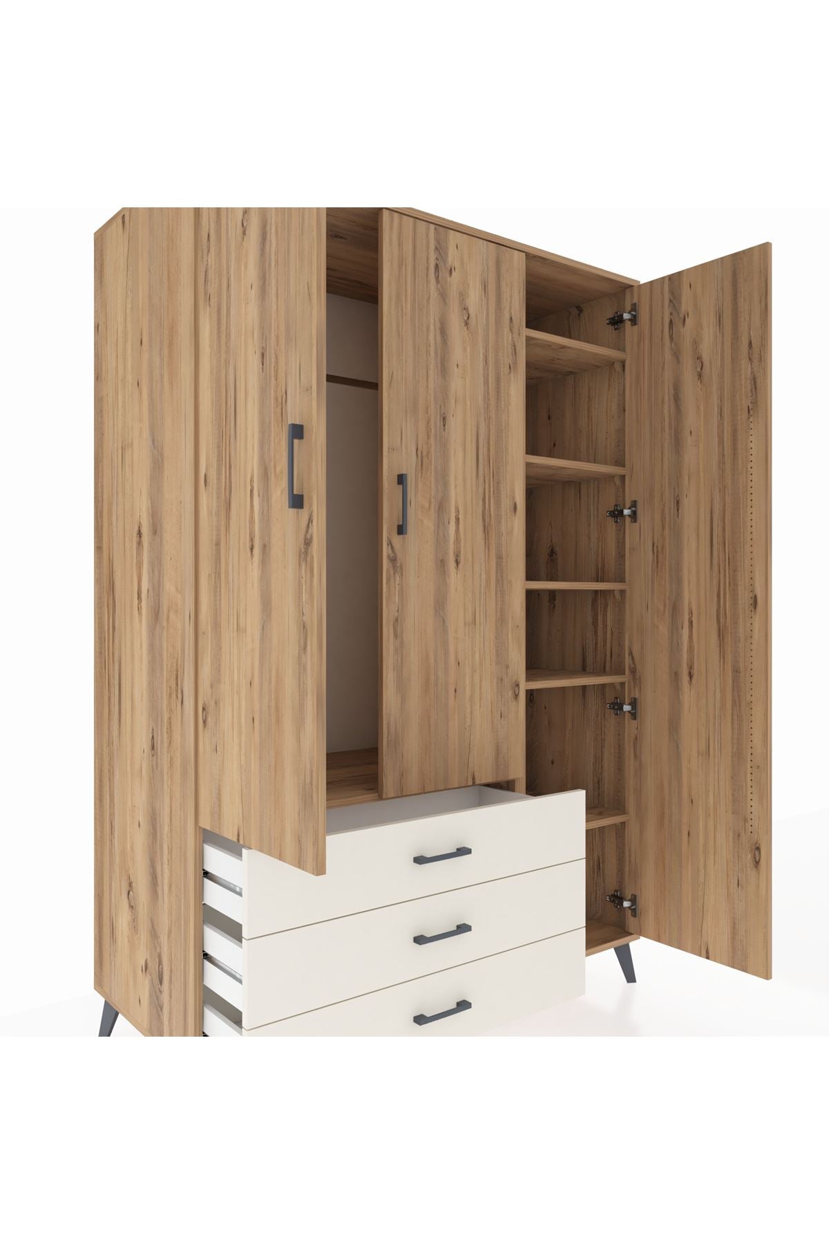 Kronos Dolap 6 Raflı 3 Çekmeceli Tek Askılı 132x59x195 Çam-Çam/Aytaşı