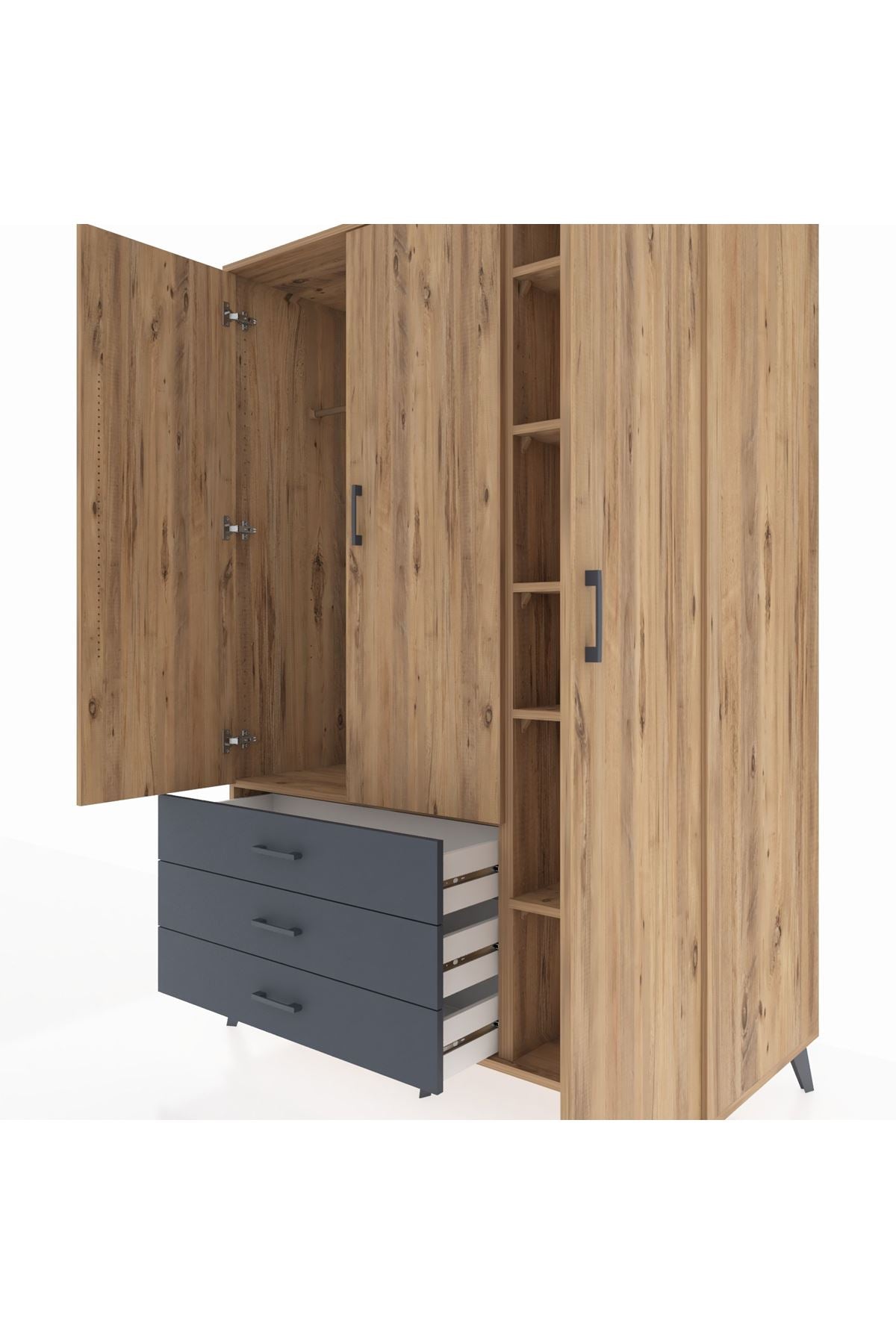 Kronos Dolap 6 Raflı 3 Çekmeceli Tek Askılı 132x59x195 Çam-Çam/Antrasit