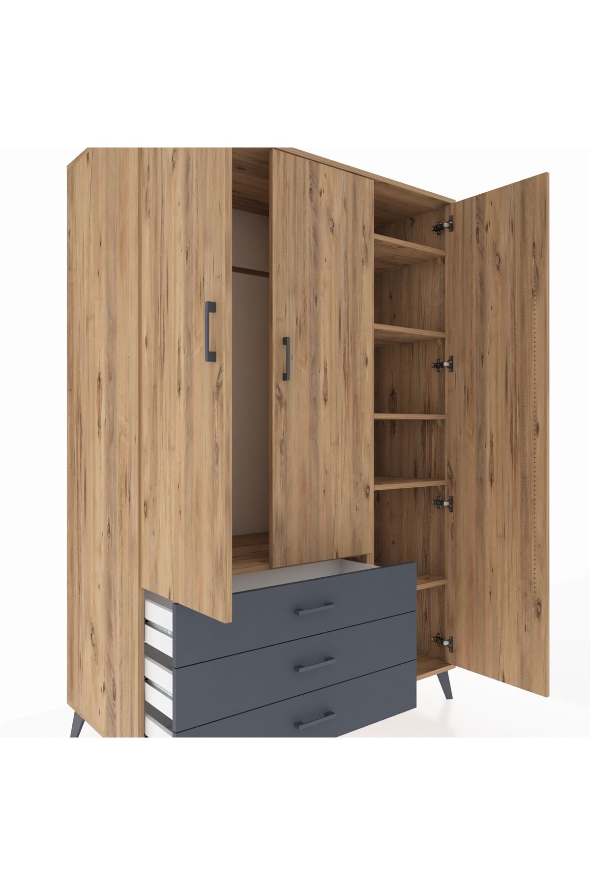 Kronos Dolap 6 Raflı 3 Çekmeceli Tek Askılı 132x59x195 Çam-Çam/Antrasit