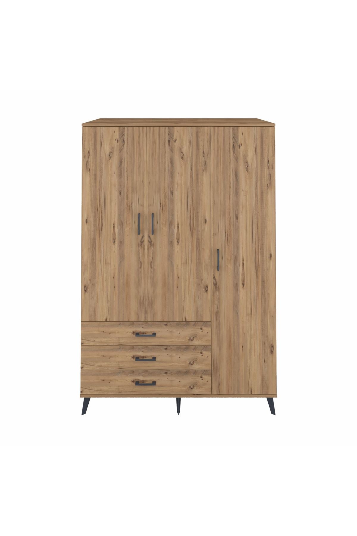 Kronos Dolap 6 Raflı 3 Çekmeceli Tek Askılı 132x59x195 Çam-Çam/Çam