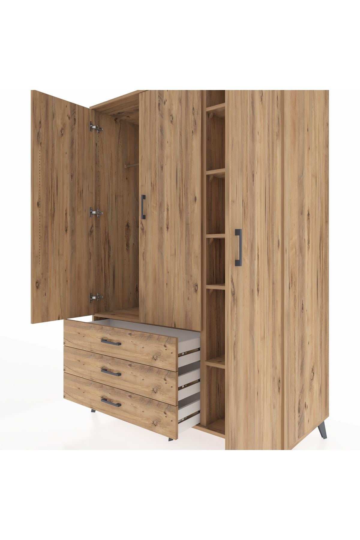 Kronos Dolap 6 Raflı 3 Çekmeceli Tek Askılı 132x59x195 Çam-Çam/Çam