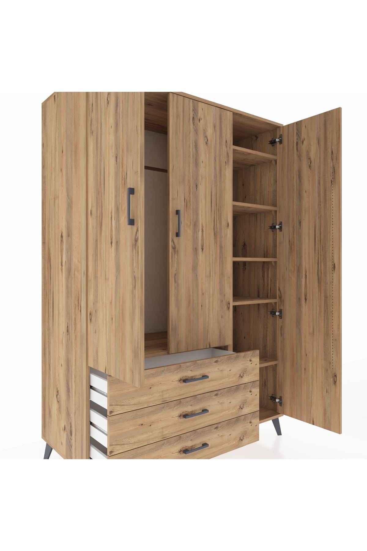 Kronos Dolap 6 Raflı 3 Çekmeceli Tek Askılı 132x59x195 Çam-Çam/Çam