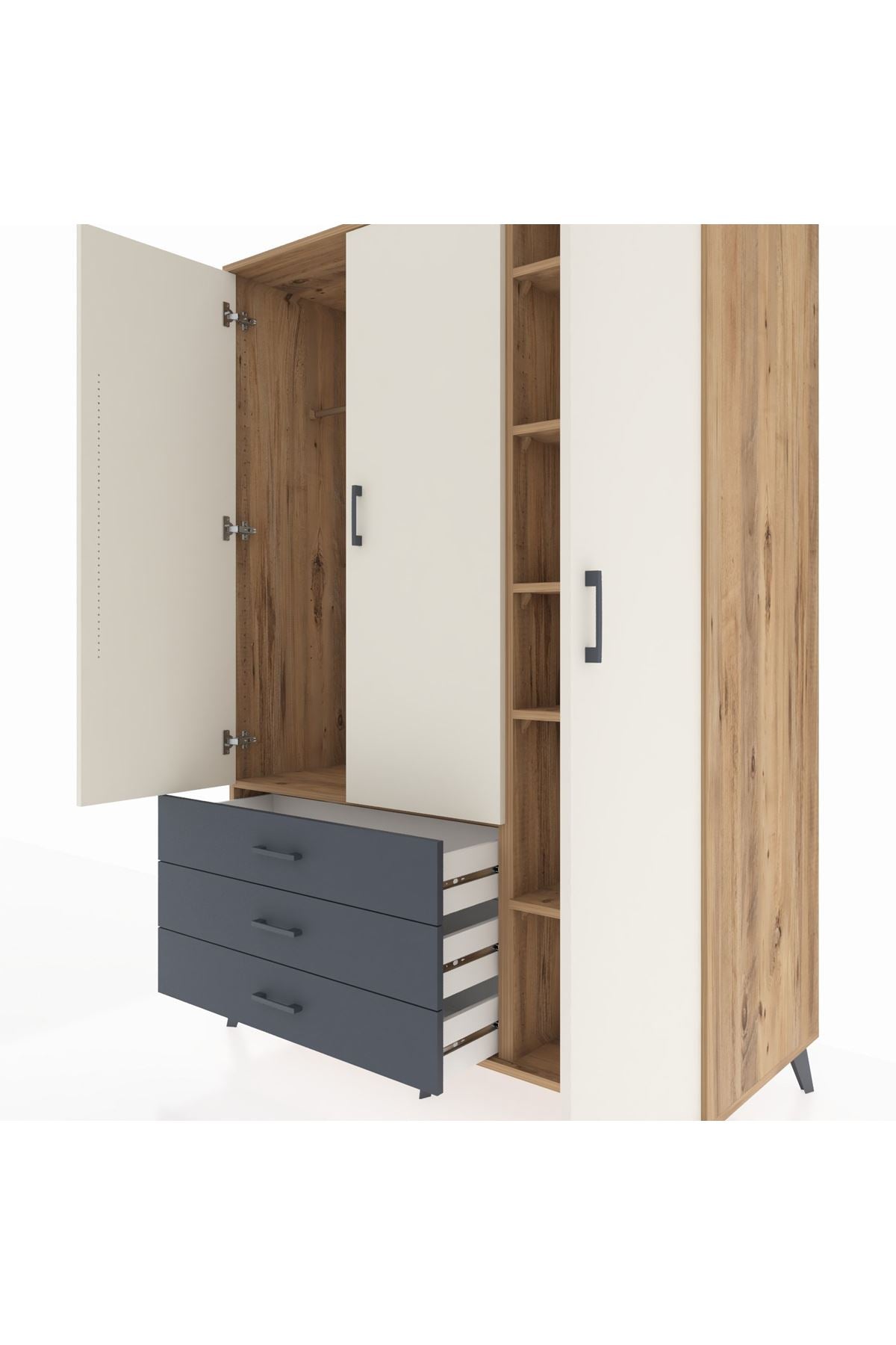 Kronos Dolap 6 Raflı 3 Çekmeceli Tek Askılı 132x59x195 Çam-Aytaşı/Antrasit