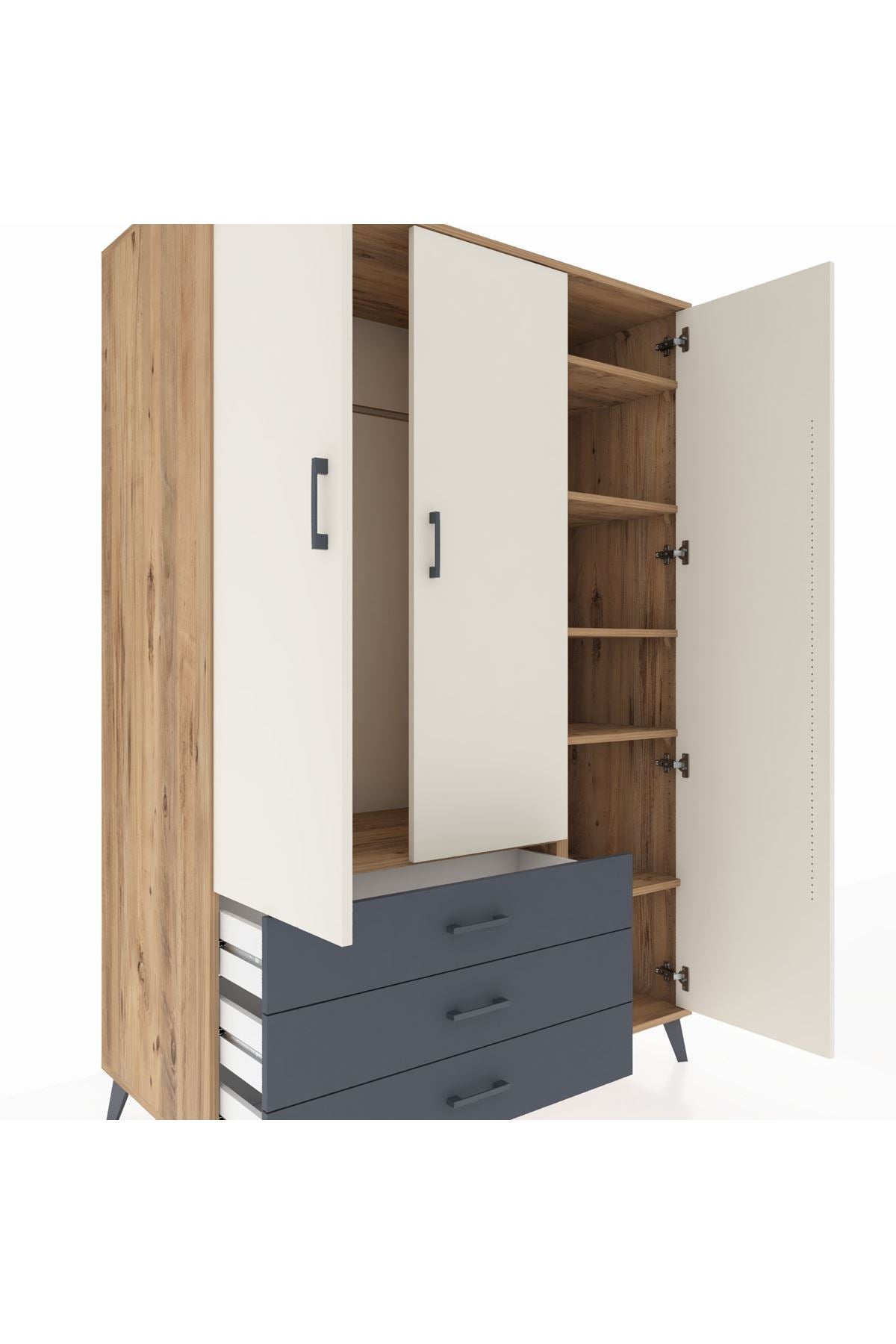 Kronos Dolap 6 Raflı 3 Çekmeceli Tek Askılı 132x59x195 Çam-Aytaşı/Antrasit