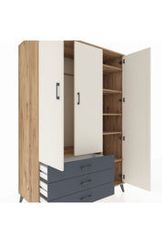 Kronos Dolap 6 Raflı 3 Çekmeceli Tek Askılı 132x59x195 Çam-Aytaşı/Antrasit