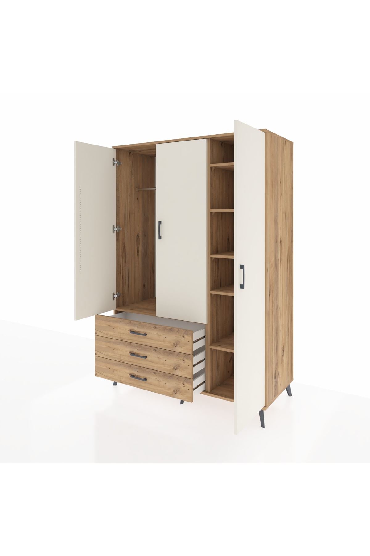 Kronos Dolap 6 Raflı 3 Çekmeceli Tek Askılı 132x59x195 Çam-Aytaşı/Çam