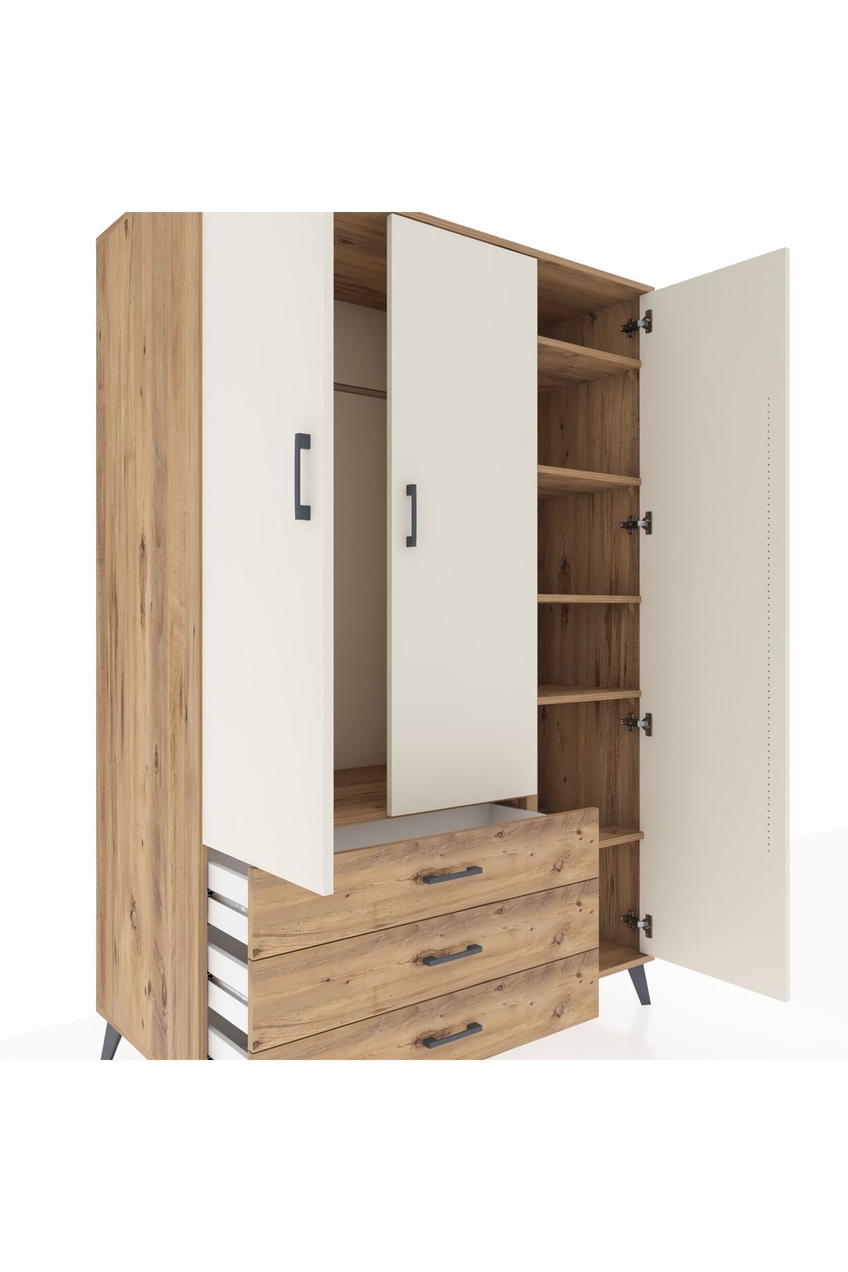 Kronos Dolap 6 Raflı 3 Çekmeceli Tek Askılı 132x59x195 Çam-Aytaşı/Çam