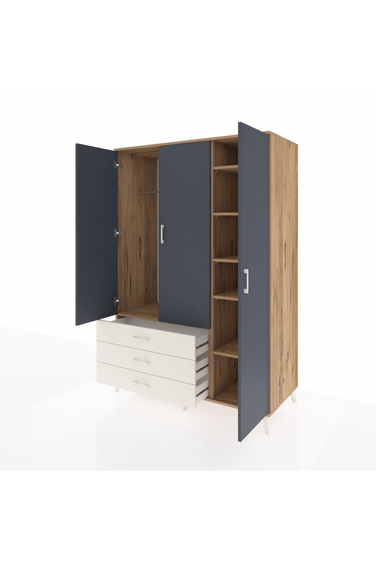 Kronos Dolap 6 Raflı 3 Çekmeceli Tek Askılı 132x59x195 Çam-Antrasit/Aytaşı