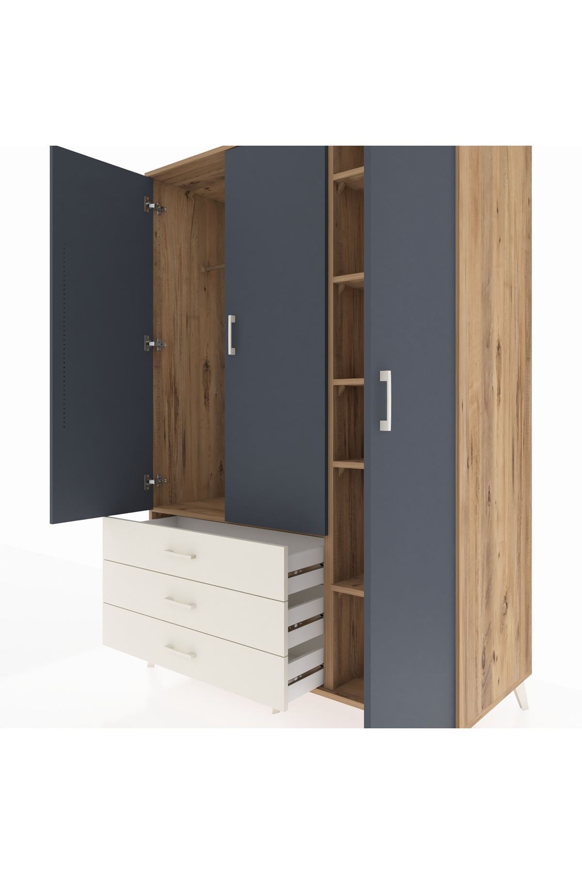 Kronos Dolap 6 Raflı 3 Çekmeceli Tek Askılı 132x59x195 Çam-Antrasit/Aytaşı