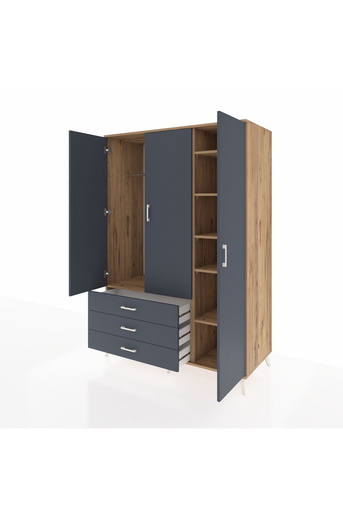 Kronos Dolap 6 Raflı 3 Çekmeceli Tek Askılı 132x59x195 Çam-Antrasit/Antrasit