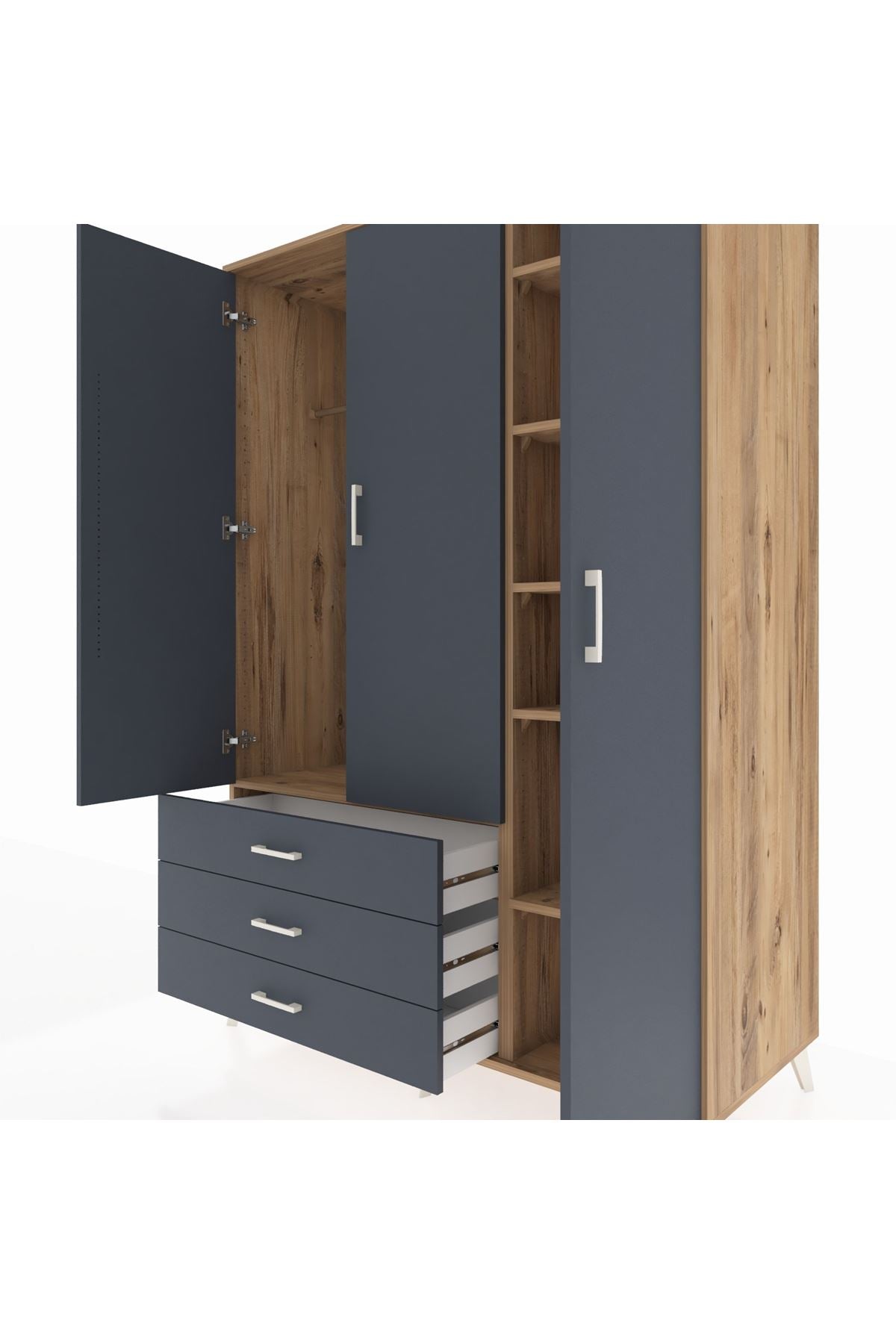 Kronos Dolap 6 Raflı 3 Çekmeceli Tek Askılı 132x59x195 Çam-Antrasit/Antrasit