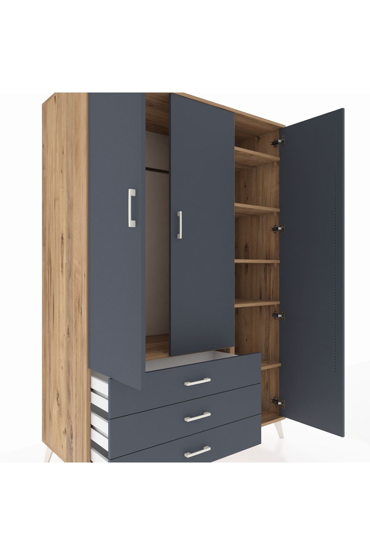 Kronos Dolap 6 Raflı 3 Çekmeceli Tek Askılı 132x59x195 Çam-Antrasit/Antrasit