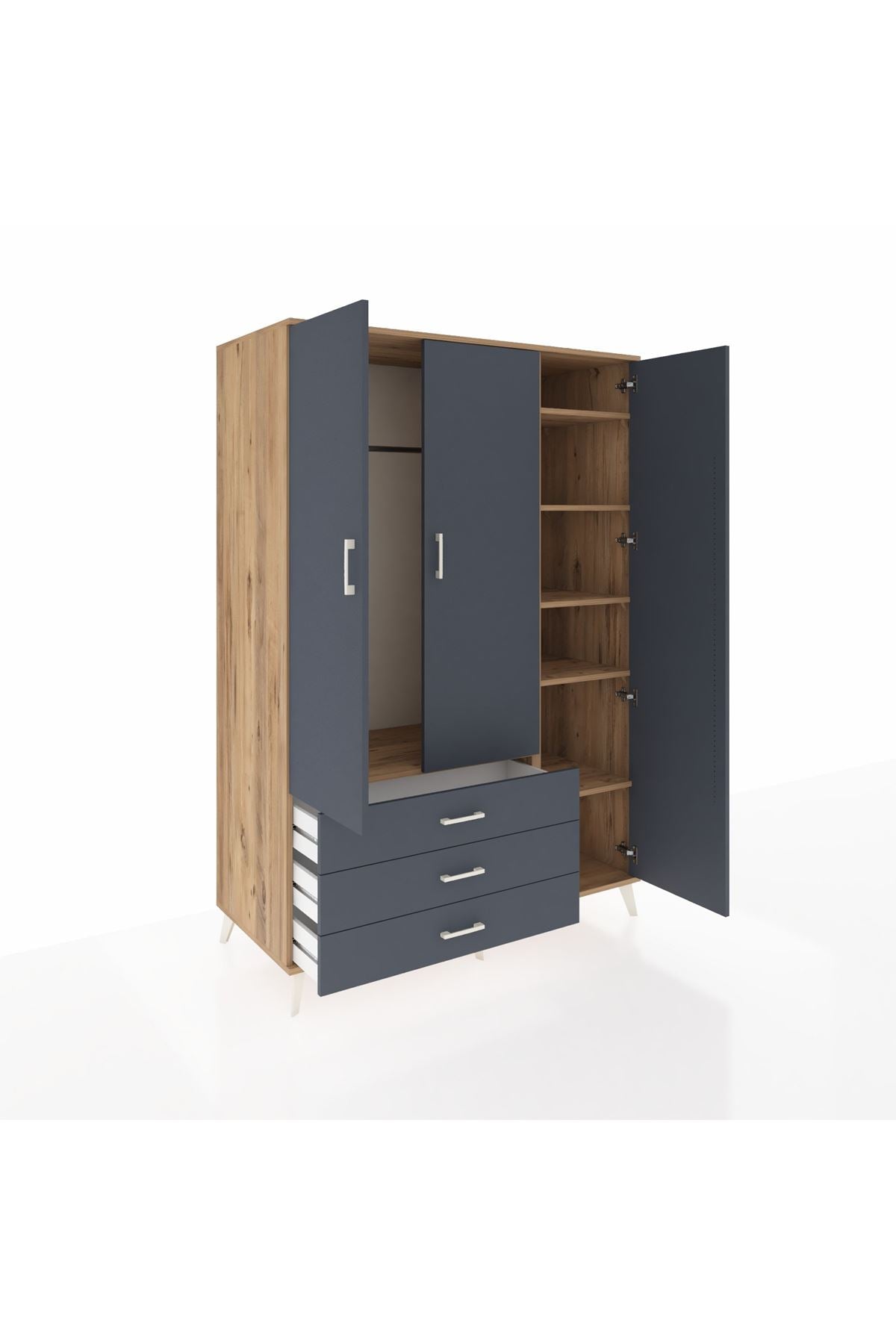 Kronos Dolap 6 Raflı 3 Çekmeceli Tek Askılı 132x59x195 Çam-Antrasit/Antrasit