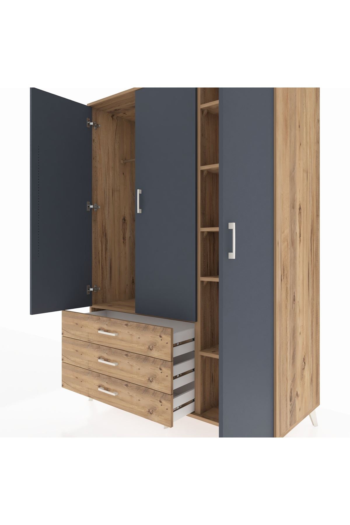 Kronos Dolap 6 Raflı 3 Çekmeceli Tek Askılı 132x59x195 Çam-Antrasit/Çam