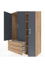 Kronos Dolap 6 Raflı 3 Çekmeceli Tek Askılı 132x59x195 Çam-Antrasit/Çam