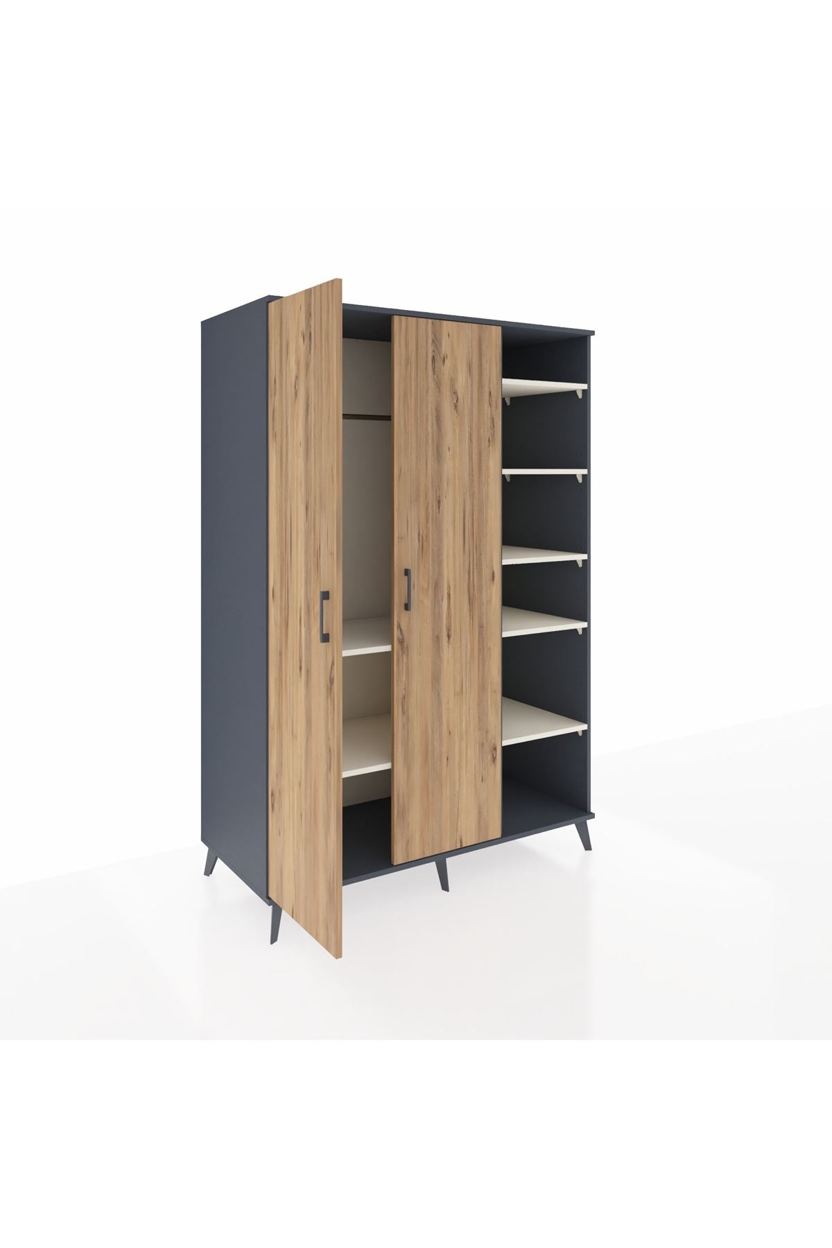 Kronos Dolap 7 Raflı 2 Kapaklı Tek Askılı 132x59x195 Antrasit-Çam/Aytaşı