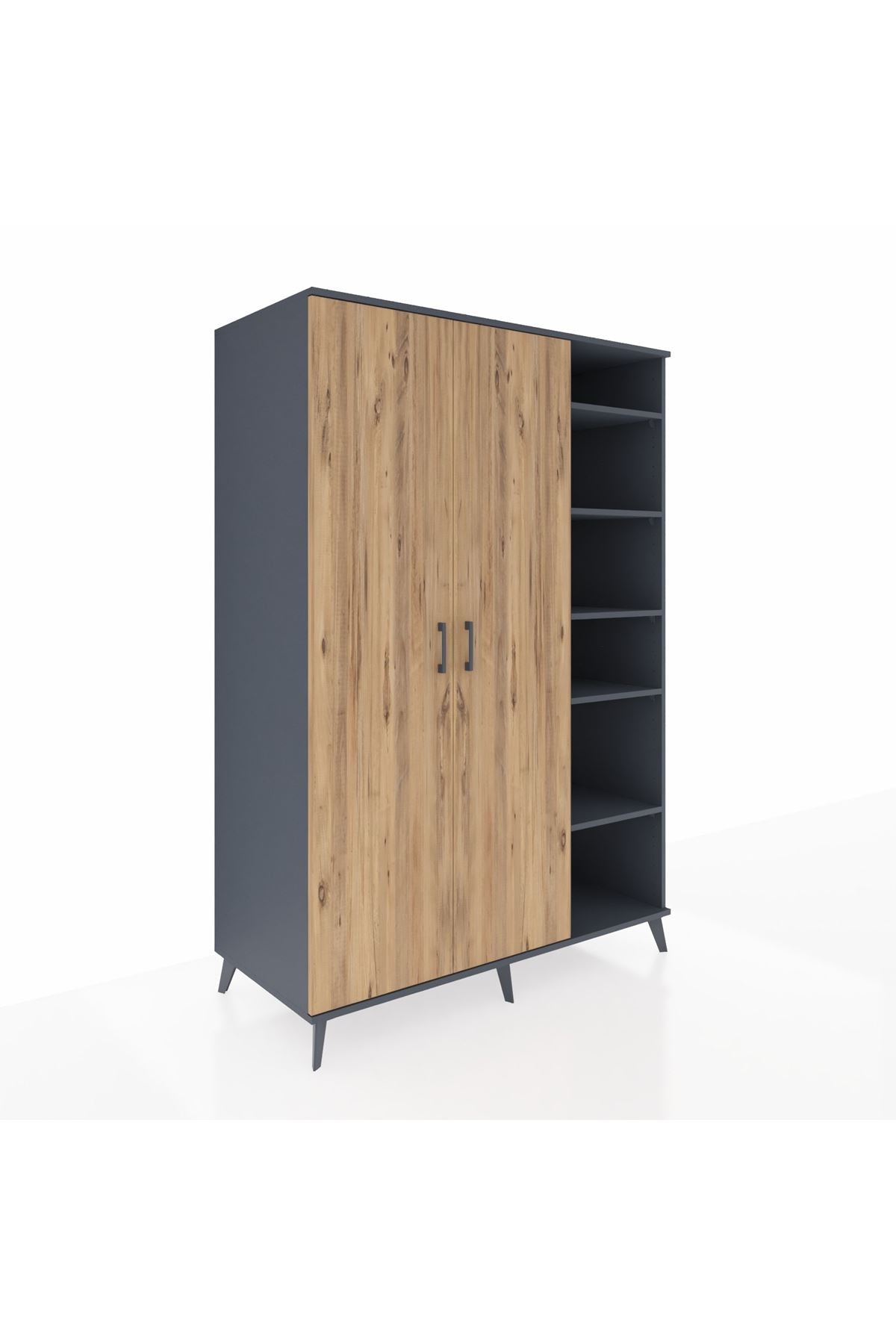 Kronos Dolap 7 Raflı 2 Kapaklı Tek Askılı 132x59x195 Antrasit-Çam/Antrasit