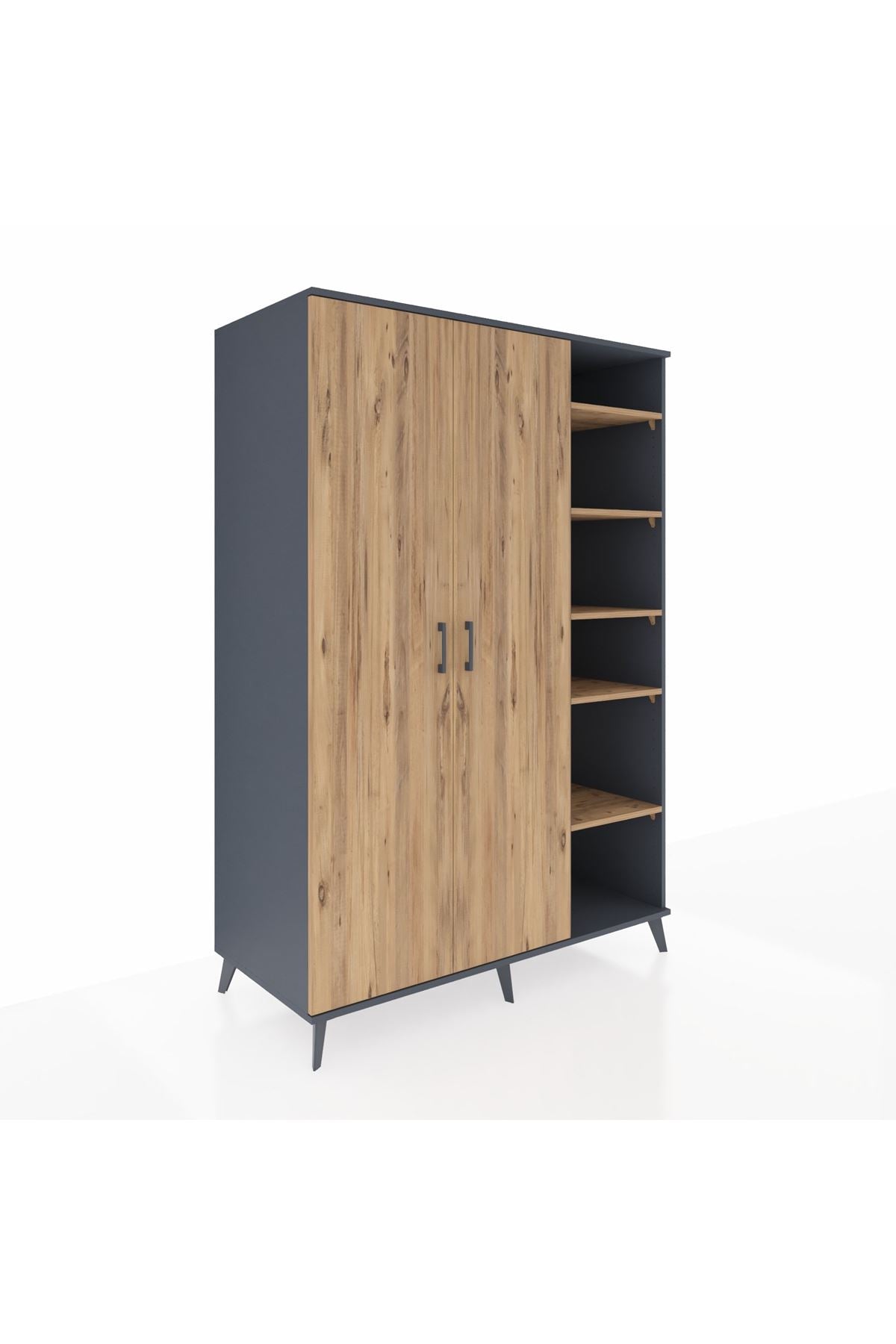 Kronos Dolap 7 Raflı 2 Kapaklı Tek Askılı 132x59x195 Antrasit-Çam/Çam