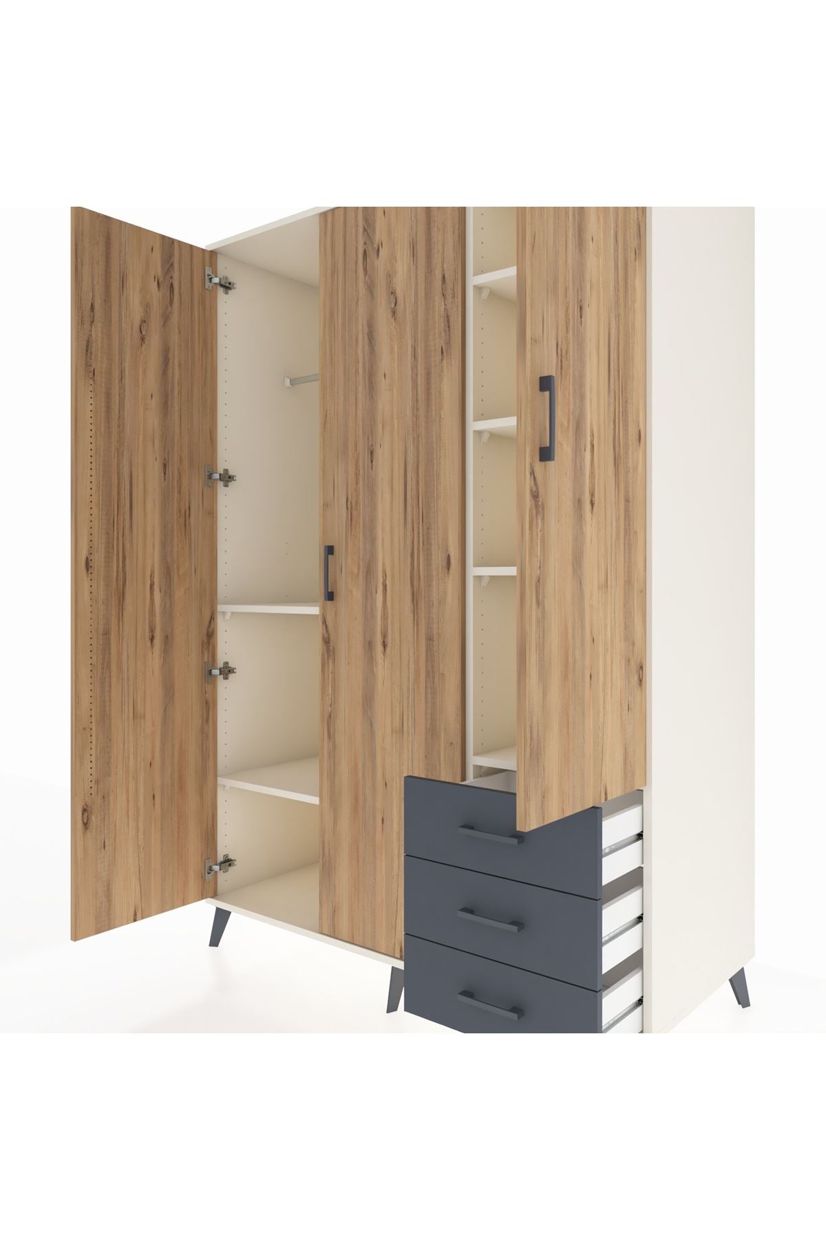 Kronos Dolap 6 Raflı 3 Çekmeceli Tek Askılı 132x59x195 Aytaşı-Çam/Antrasit