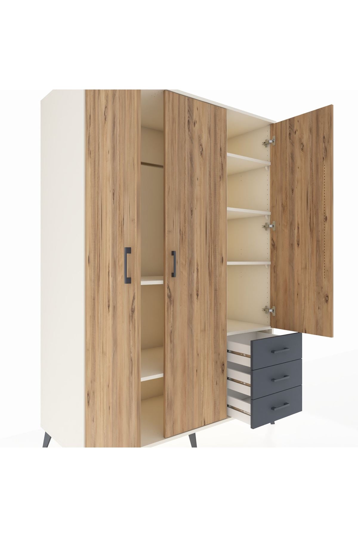 Kronos Dolap 6 Raflı 3 Çekmeceli Tek Askılı 132x59x195 Aytaşı-Çam/Antrasit