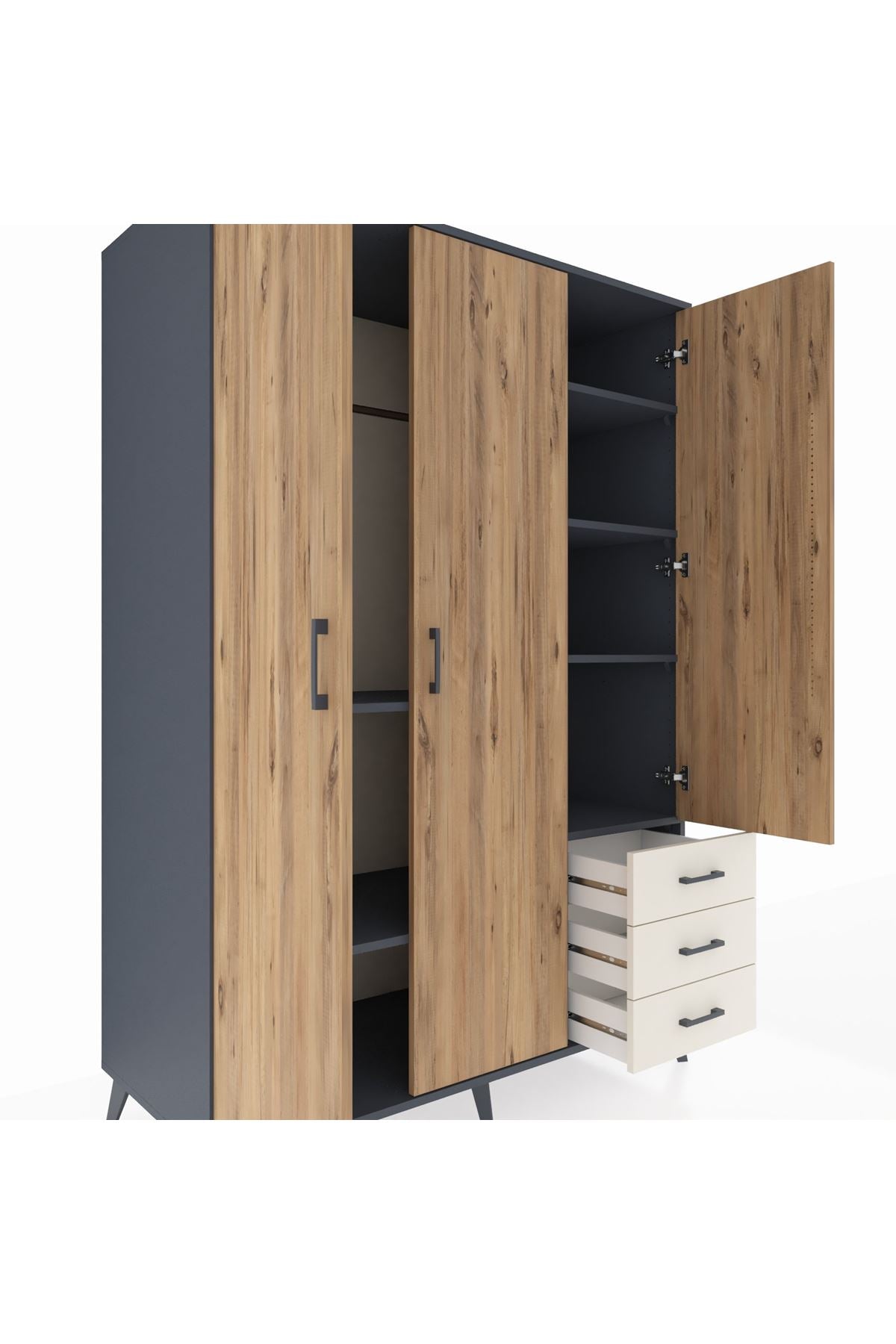 Kronos Dolap 6 Raflı 3 Çekmeceli Tek Askılı 132x59x195 Antrasit-Çam/Aytaşı