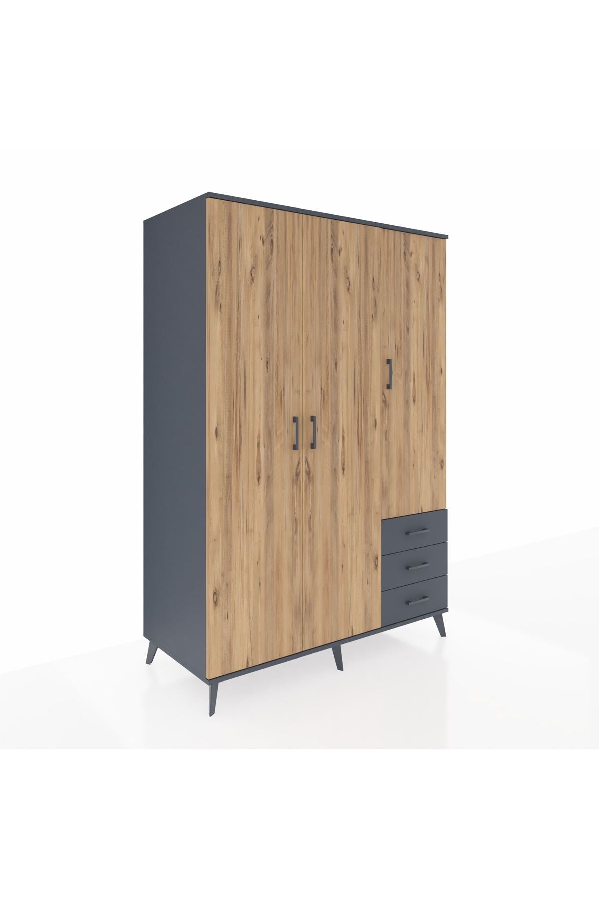 Kronos Dolap 6 Raflı 3 Çekmeceli Tek Askılı 132x59x195 Antrasit-Çam/Antrasit