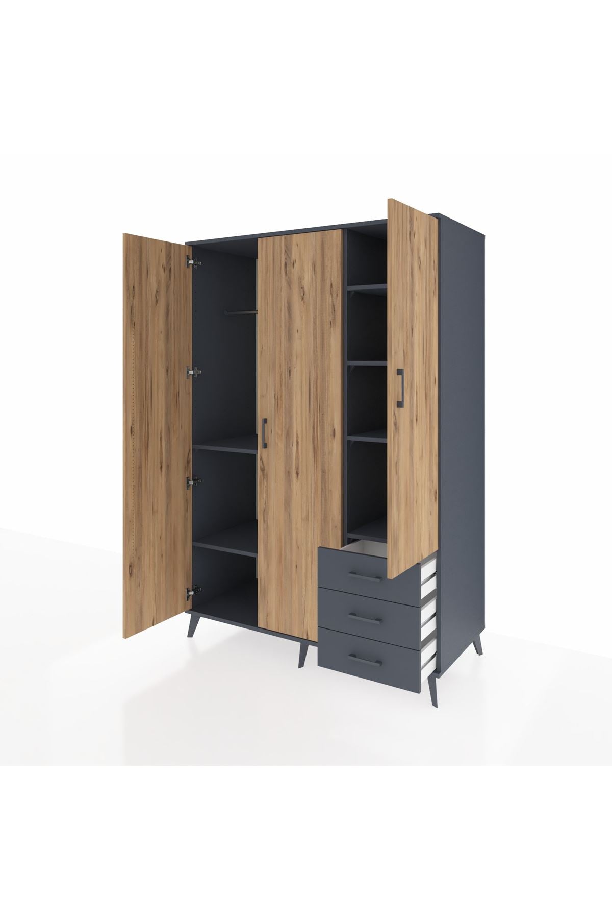 Kronos Dolap 6 Raflı 3 Çekmeceli Tek Askılı 132x59x195 Antrasit-Çam/Antrasit