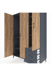 Kronos Dolap 6 Raflı 3 Çekmeceli Tek Askılı 132x59x195 Antrasit-Çam/Antrasit