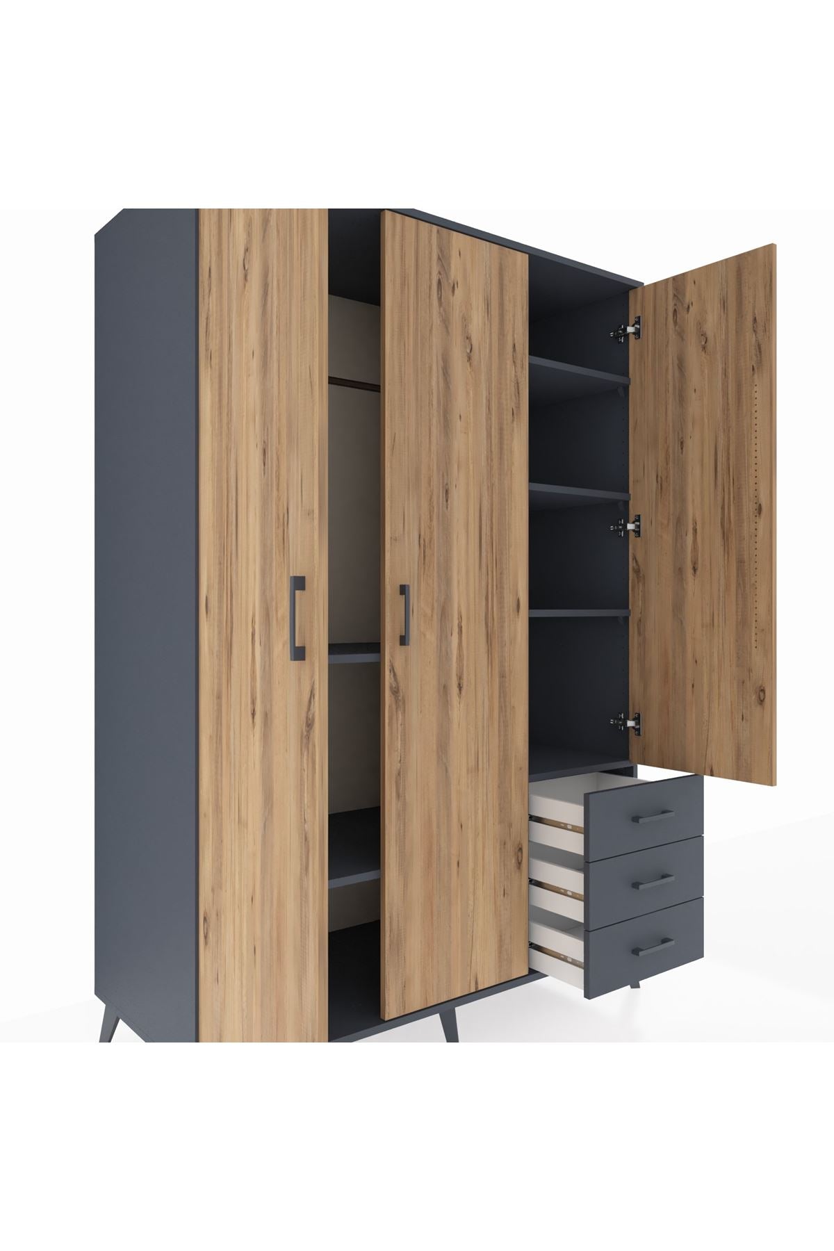 Kronos Dolap 6 Raflı 3 Çekmeceli Tek Askılı 132x59x195 Antrasit-Çam/Antrasit