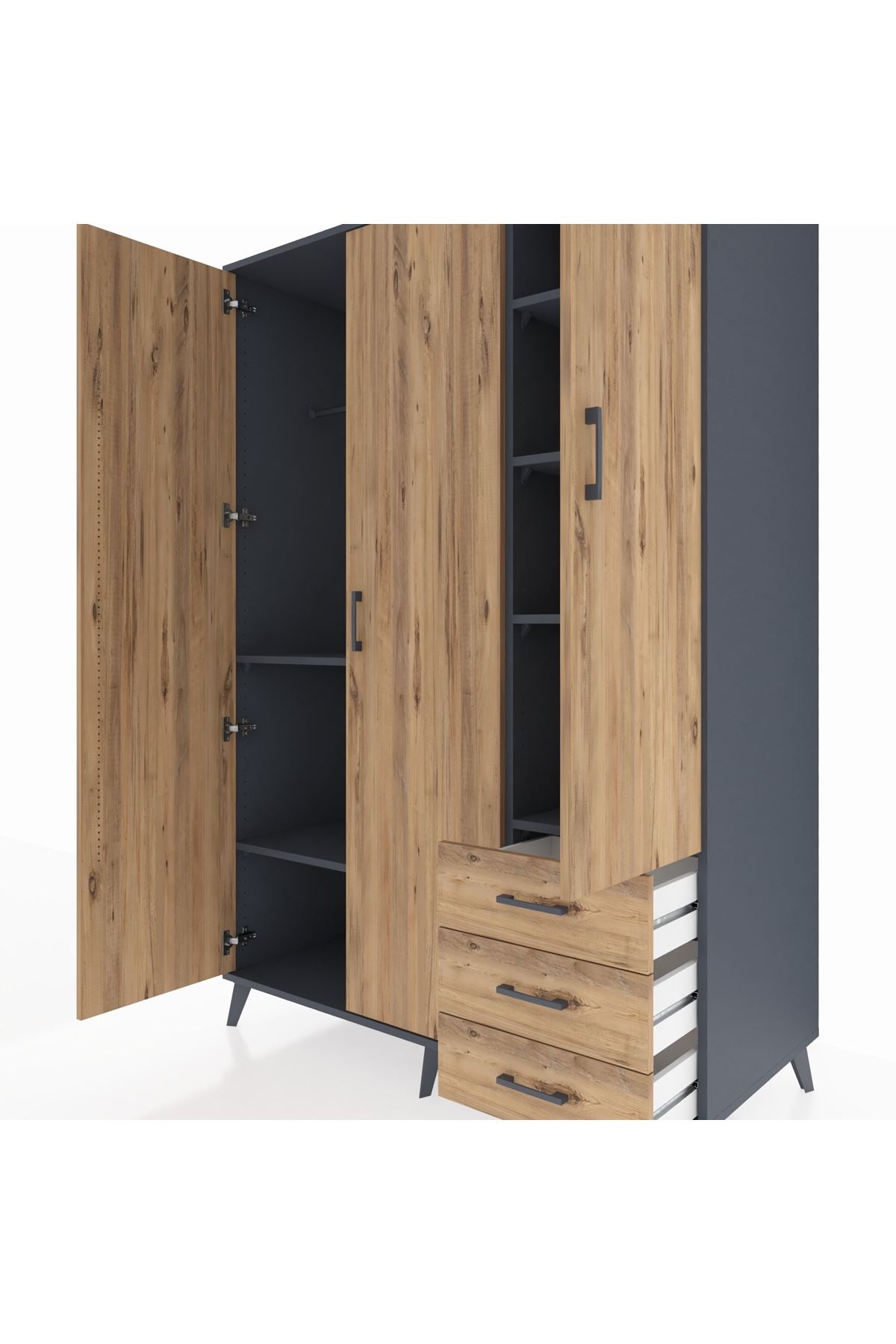 Kronos Dolap 6 Raflı 3 Çekmeceli Tek Askılı 132x59x195 Antrasit-Çam/Çam