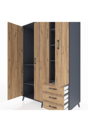 Kronos Dolap 6 Raflı 3 Çekmeceli Tek Askılı 132x59x195 Antrasit-Çam/Çam