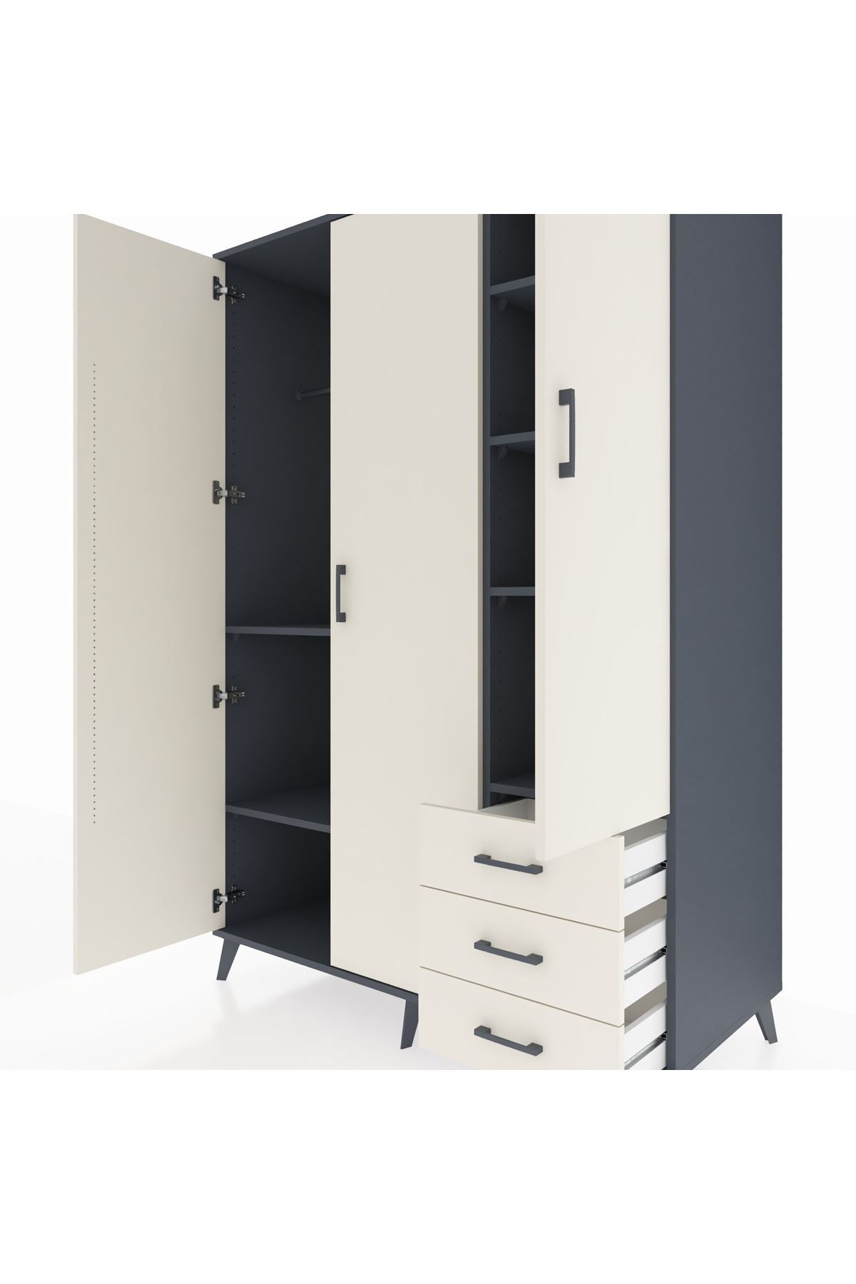Kronos Dolap 6 Raflı 3 Çekmeceli Tek Askılı 132x59x195 Antrasit-Aytaşı/Aytaşı