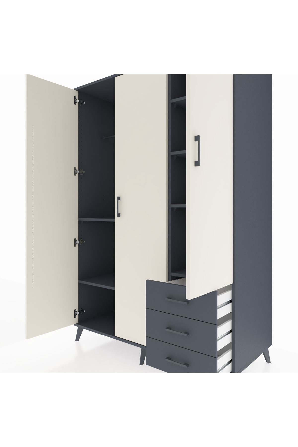 Kronos Dolap 6 Raflı 3 Çekmeceli Tek Askılı 132x59x195 Antrasit-Aytaşı/Antrasit