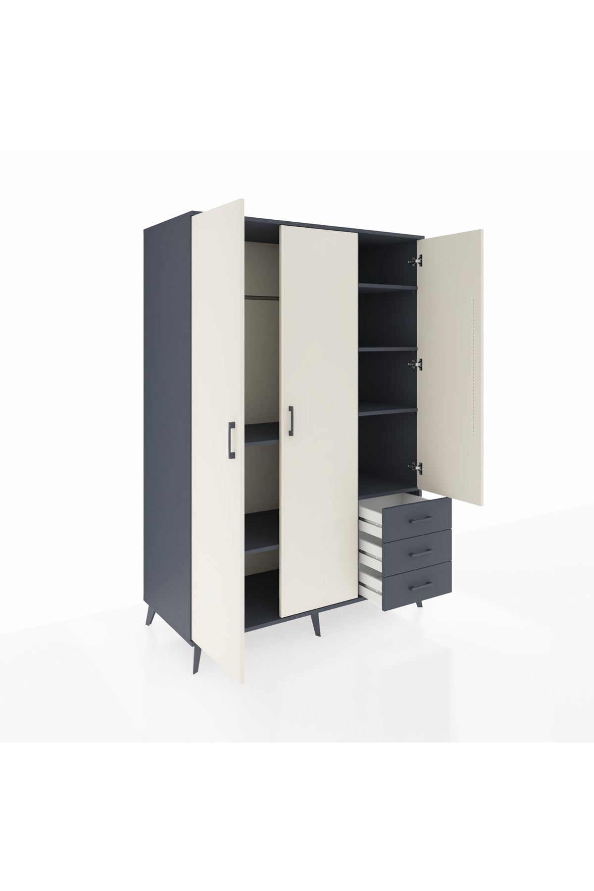 Kronos Dolap 6 Raflı 3 Çekmeceli Tek Askılı 132x59x195 Antrasit-Aytaşı/Antrasit