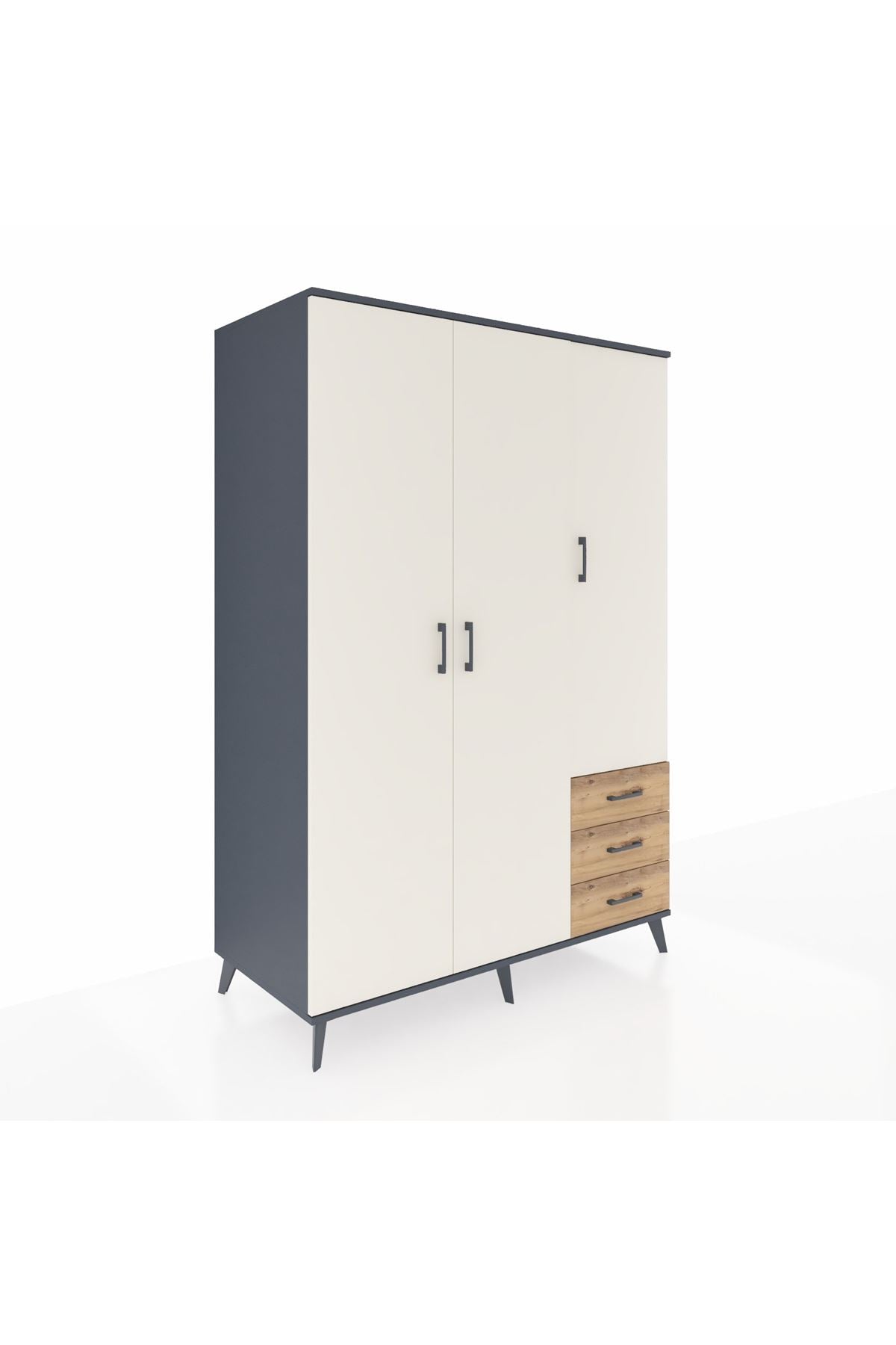 Kronos Dolap 6 Raflı 3 Çekmeceli Tek Askılı 132x59x195 Antrasit-Aytaşı/Çam