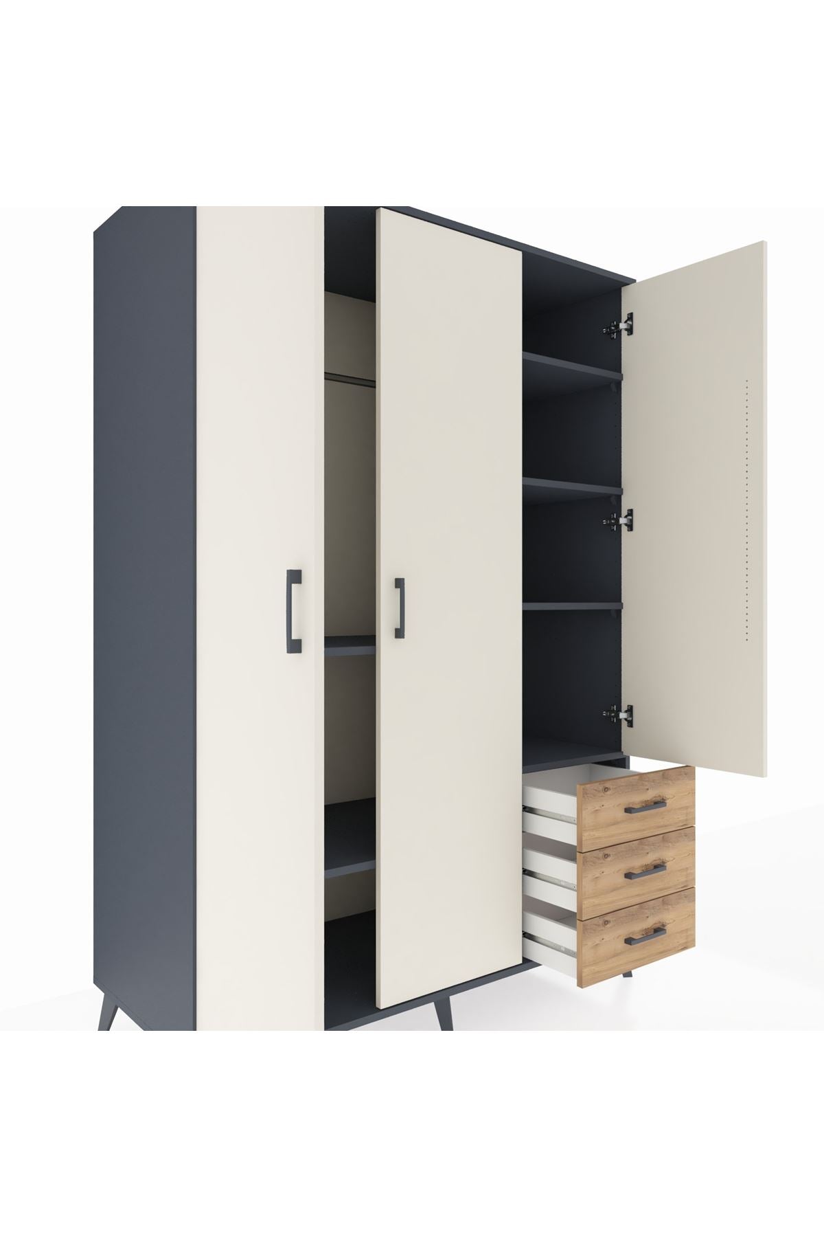 Kronos Dolap 6 Raflı 3 Çekmeceli Tek Askılı 132x59x195 Antrasit-Aytaşı/Çam