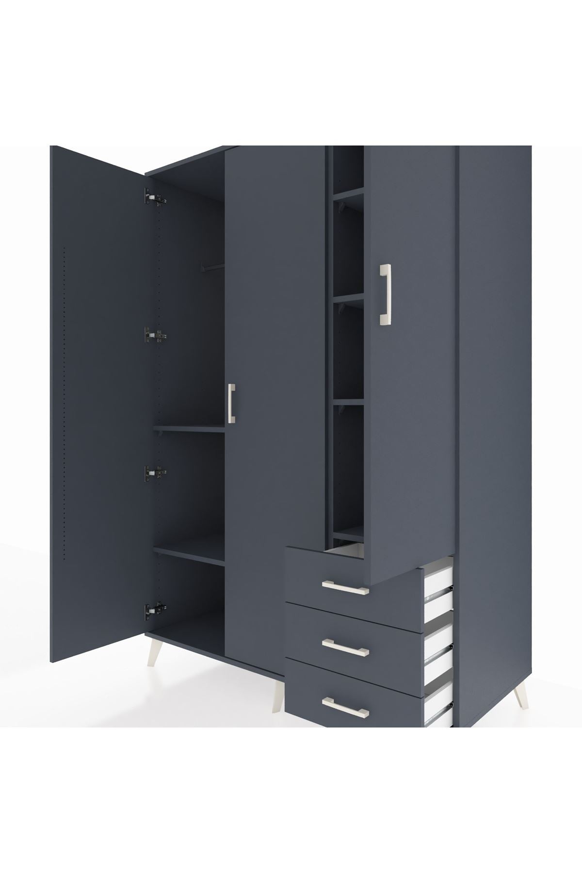 Kronos Dolap 6 Raflı 3 Çekmeceli Tek Askılı 132x59x195 Antrasit-Antrasit/Antrasit