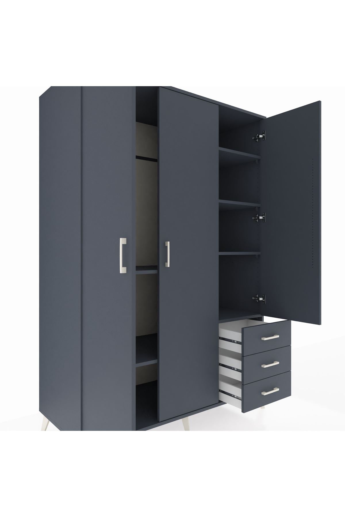 Kronos Dolap 6 Raflı 3 Çekmeceli Tek Askılı 132x59x195 Antrasit-Antrasit/Antrasit