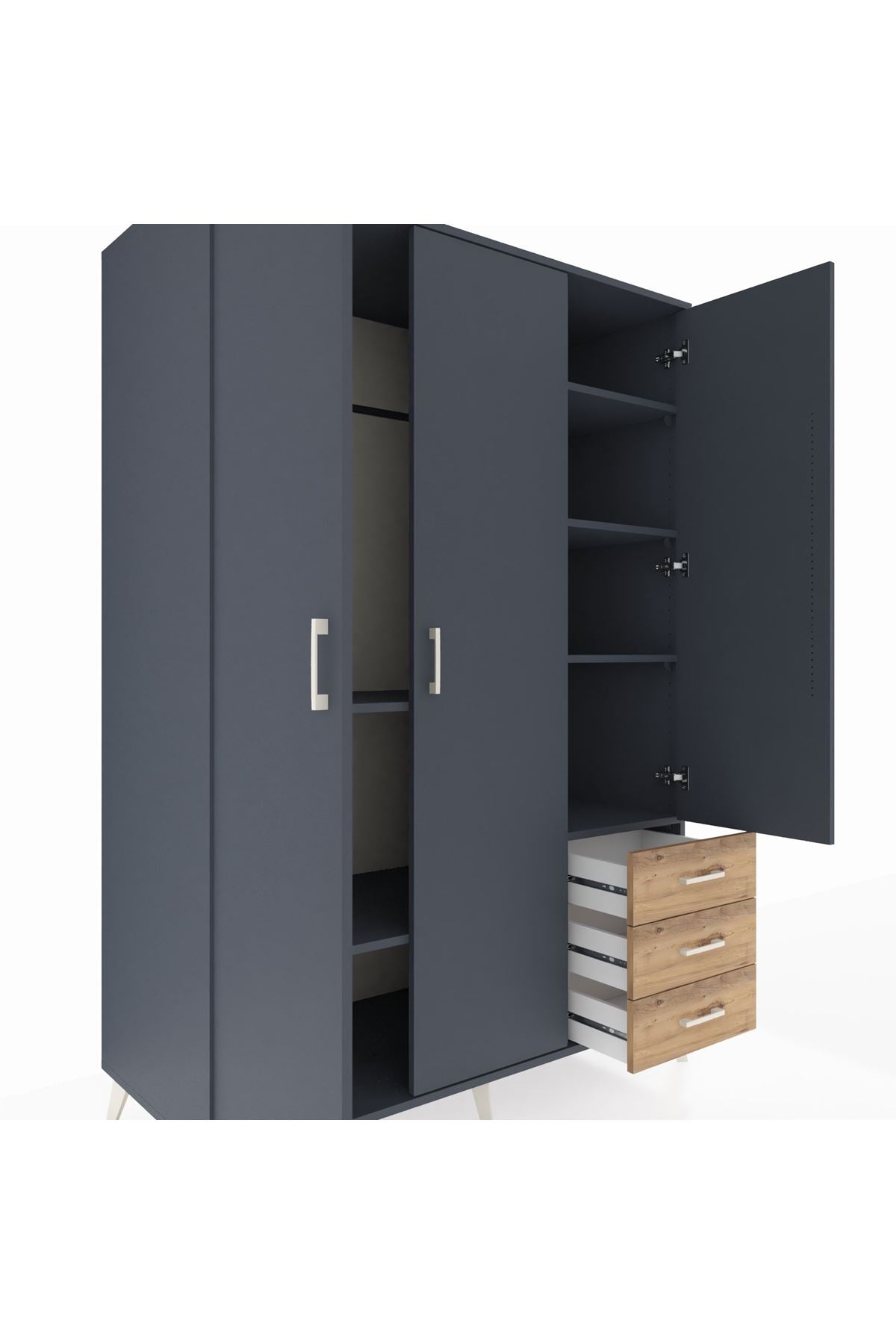 Kronos Dolap 6 Raflı 3 Çekmeceli Tek Askılı 132x59x195 Antrasit-Antrasit/Çam