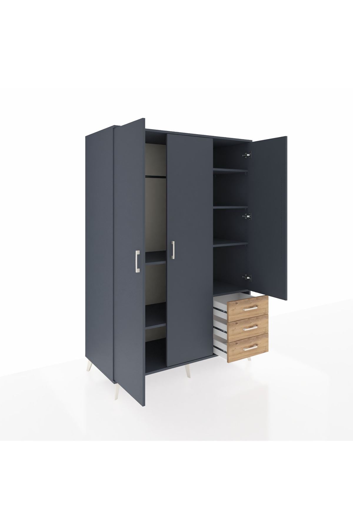 Kronos Dolap 6 Raflı 3 Çekmeceli Tek Askılı 132x59x195 Antrasit-Antrasit/Çam