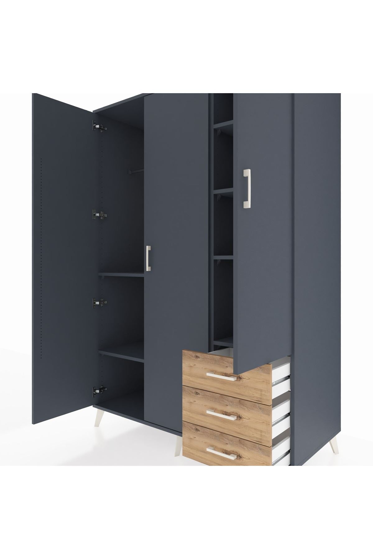 Kronos Dolap 6 Raflı 3 Çekmeceli Tek Askılı 132x59x195 Antrasit-Antrasit/Çam