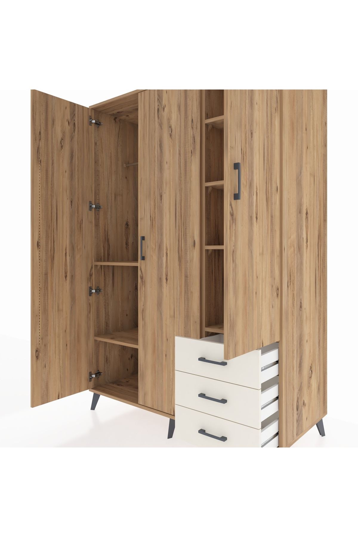 Kronos Dolap 6 Raflı 3 Çekmeceli Tek Askılı 132x59x195 Çam-Çam/Aytaşı