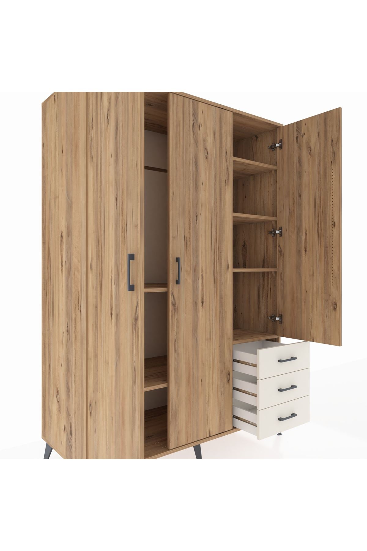 Kronos Dolap 6 Raflı 3 Çekmeceli Tek Askılı 132x59x195 Çam-Çam/Aytaşı