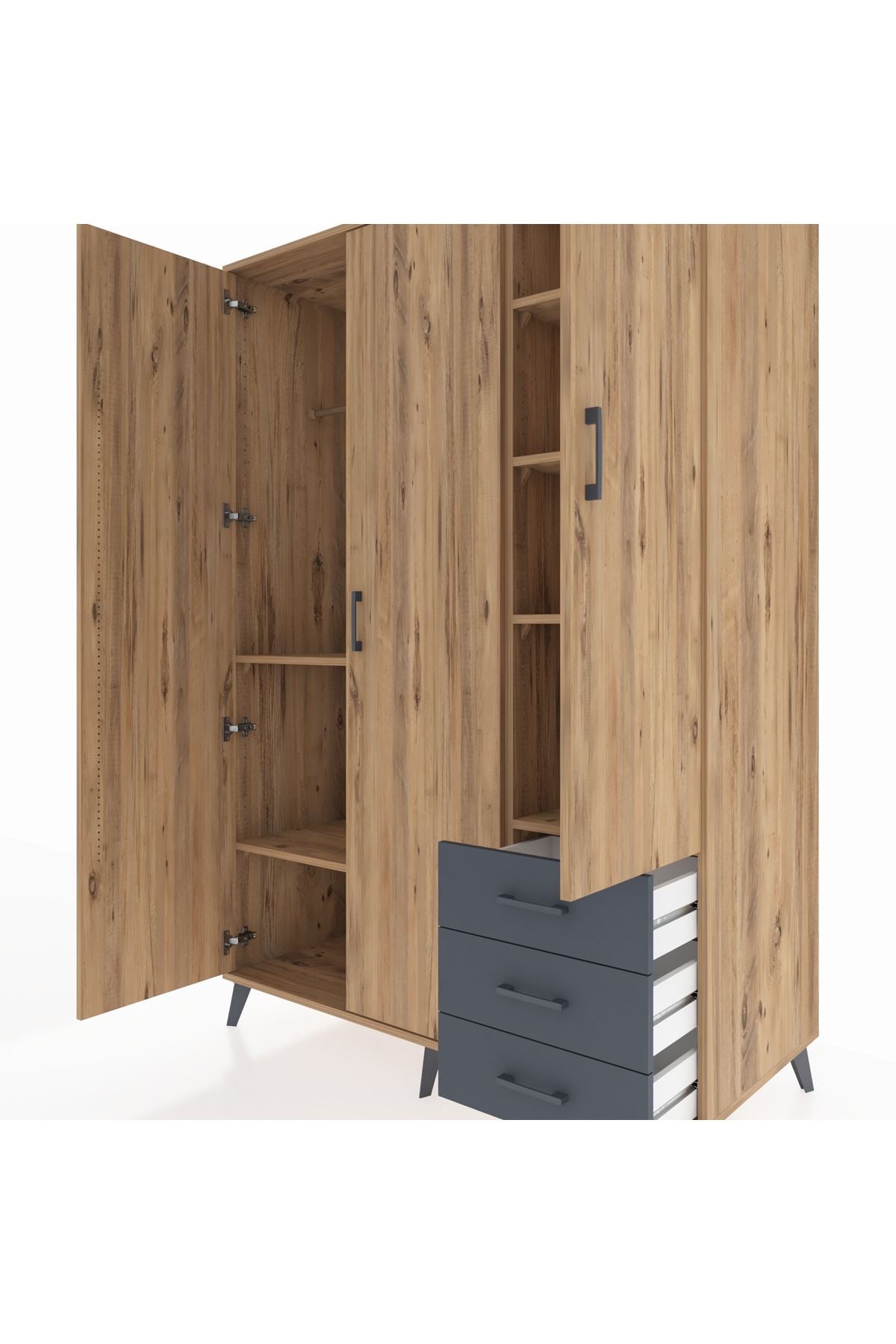 Kronos Dolap 6 Raflı 3 Çekmeceli Tek Askılı 132x59x195 Çam-Çam/Antrasit