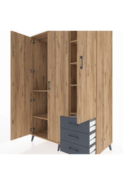 Kronos Dolap 6 Raflı 3 Çekmeceli Tek Askılı 132x59x195 Çam-Çam/Antrasit