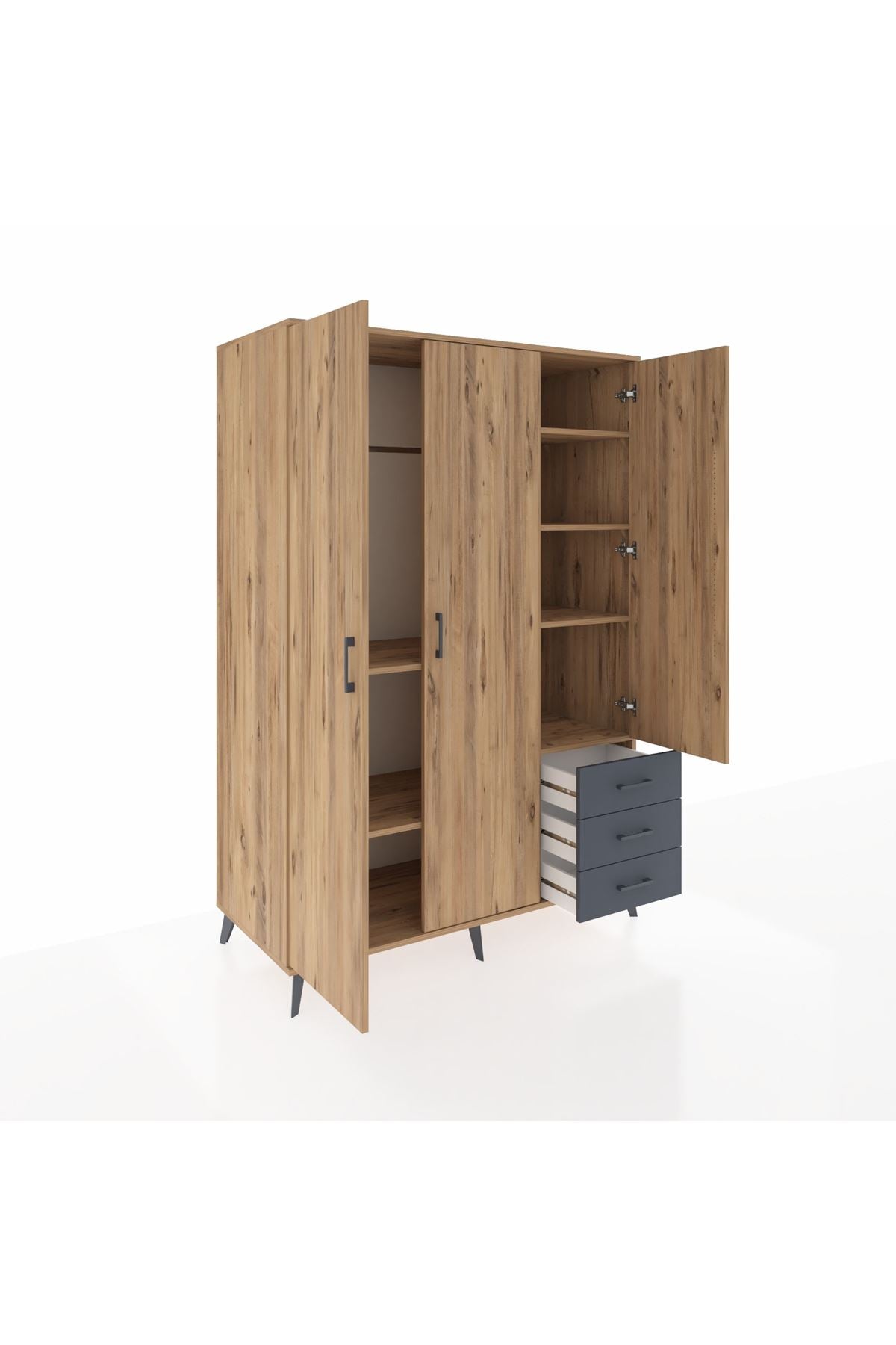 Kronos Dolap 6 Raflı 3 Çekmeceli Tek Askılı 132x59x195 Çam-Çam/Antrasit