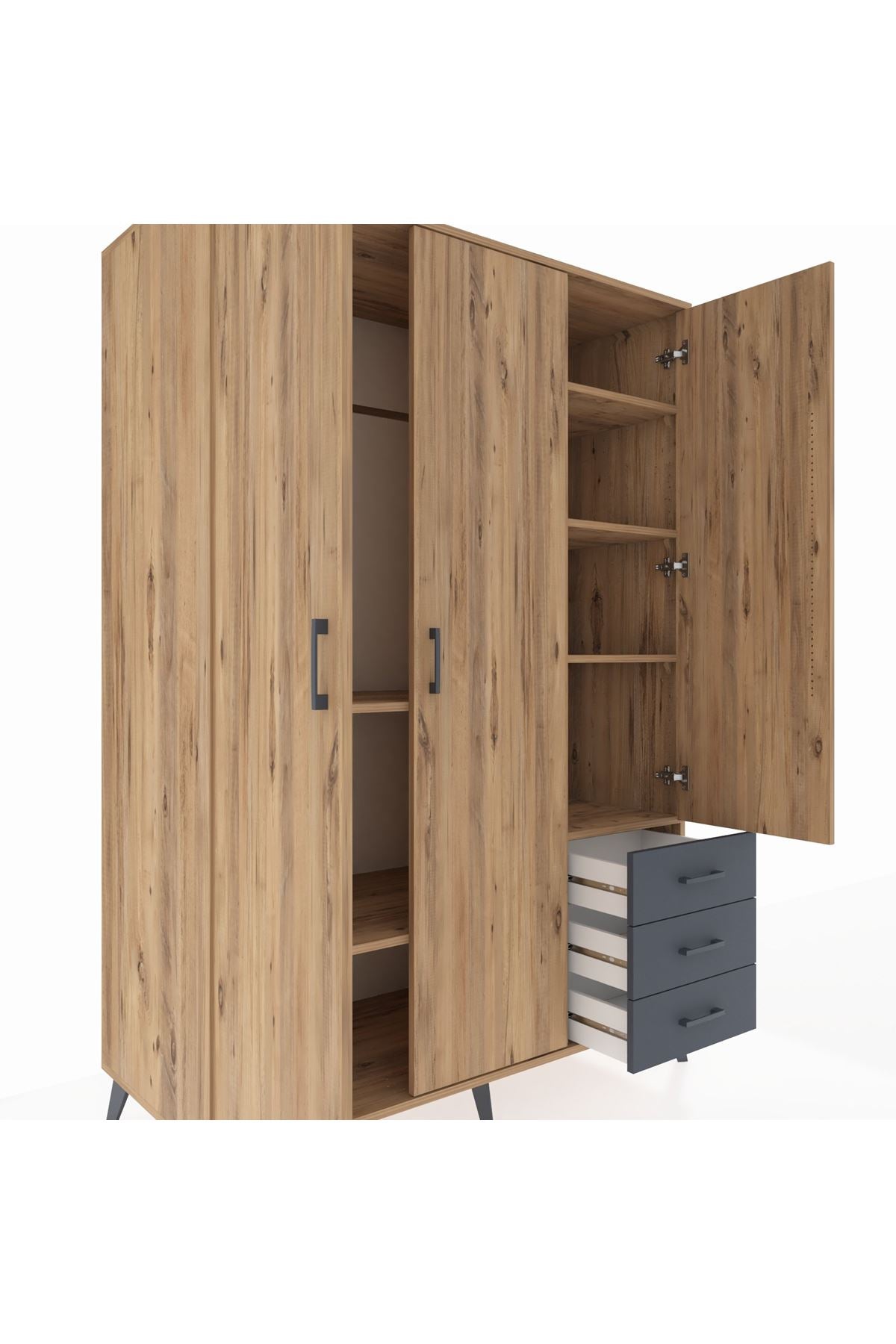 Kronos Dolap 6 Raflı 3 Çekmeceli Tek Askılı 132x59x195 Çam-Çam/Antrasit